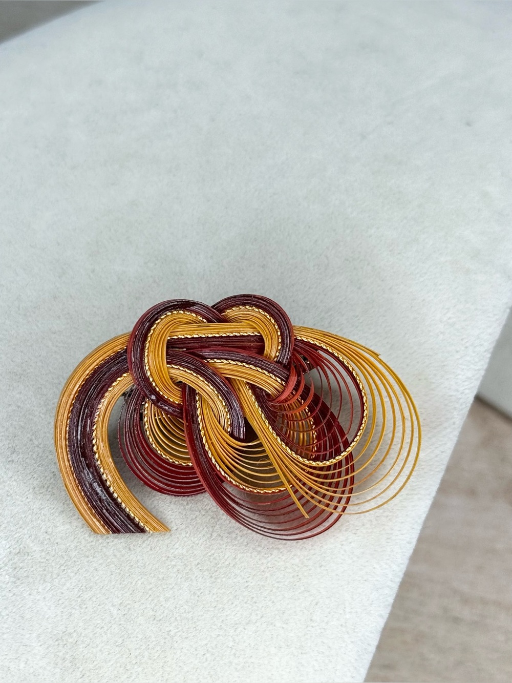 Vintage Style Abstract Brooch Pin Burgundy Mustard Gold Tone Woven Statement
